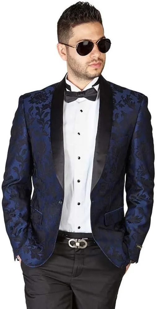 AZAR MAN Slim Fit 1 Button Shawl Lapel Black Satin Collar Floral Tuxedo Dinner Jacket Blazer