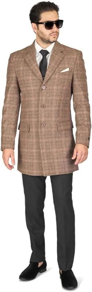 AZAR MAN Slim Fit Wool Overcoat 3 Button Closure Classic Notched Lapel Top Trench Long Walker Pea Coat Single Breast