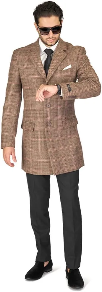 AZAR MAN Slim Fit Wool Overcoat 3 Button Closure Classic Notched Lapel Top Trench Long Walker Pea Coat Single Breast