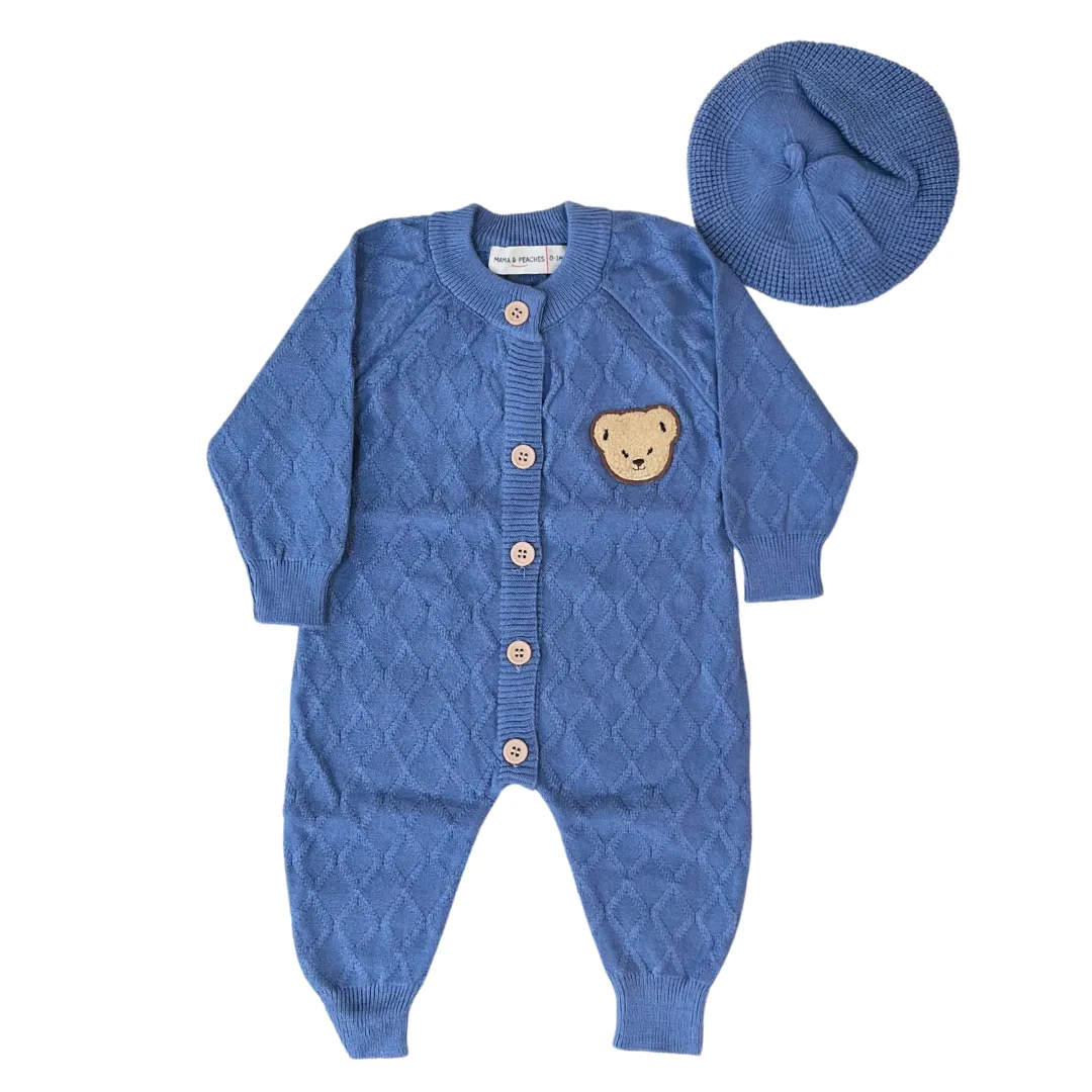 Blue Cable Knitted Winter Romper with Cap