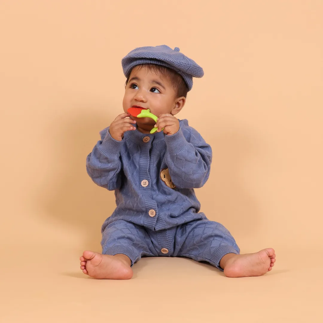 Blue Cable Knitted Winter Romper with Cap