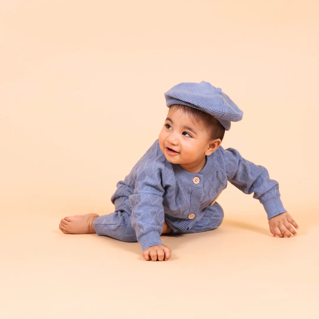 Blue Cable Knitted Winter Romper with Cap
