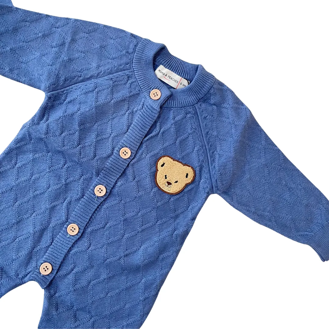 Blue Cable Knitted Winter Romper with Cap