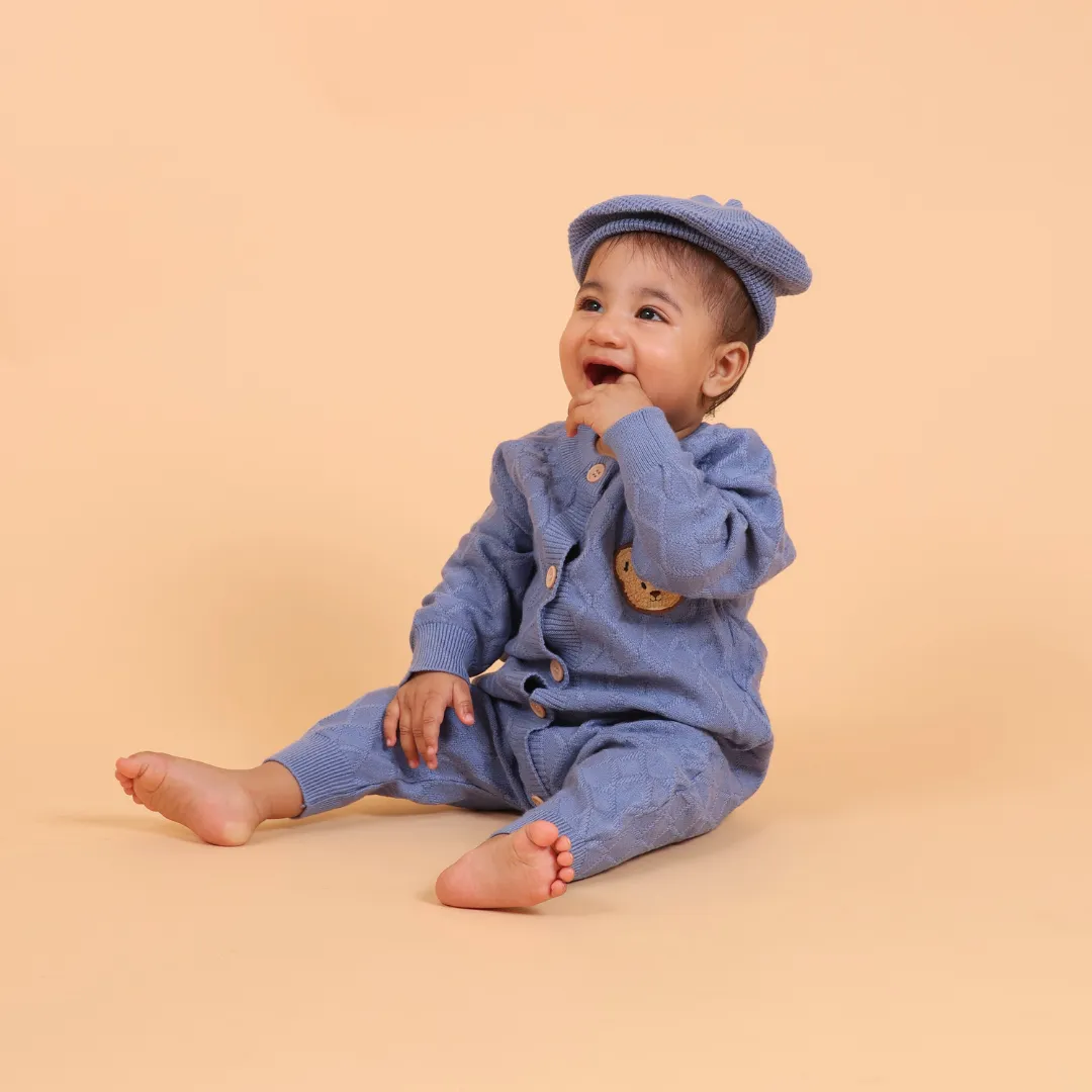 Blue Cable Knitted Winter Romper with Cap
