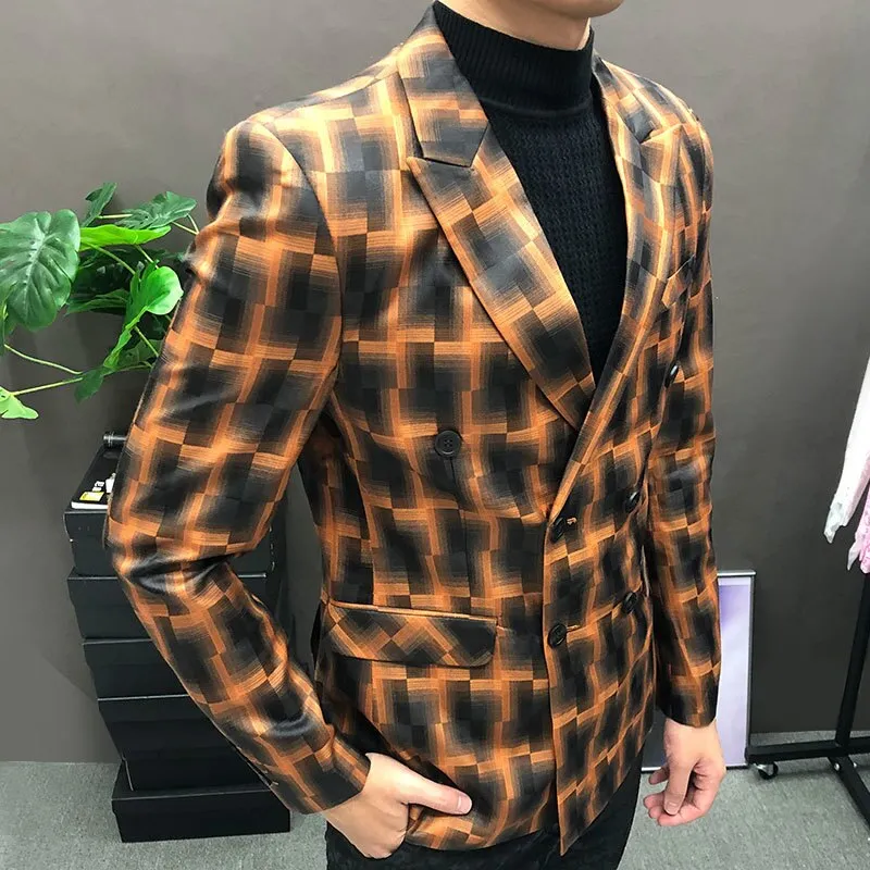 Color Contrast Geometric Double-Breasted Blazer