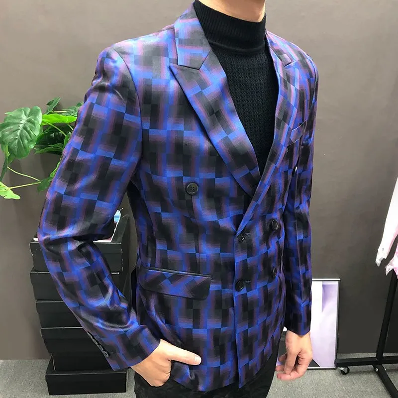Color Contrast Geometric Double-Breasted Blazer