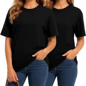 Combed Cotton Summer Tops for Women  Short Sleeve Crewneck T-Shirts, Compact Knit Loose Fit Basic Tees 2 Pack Black White