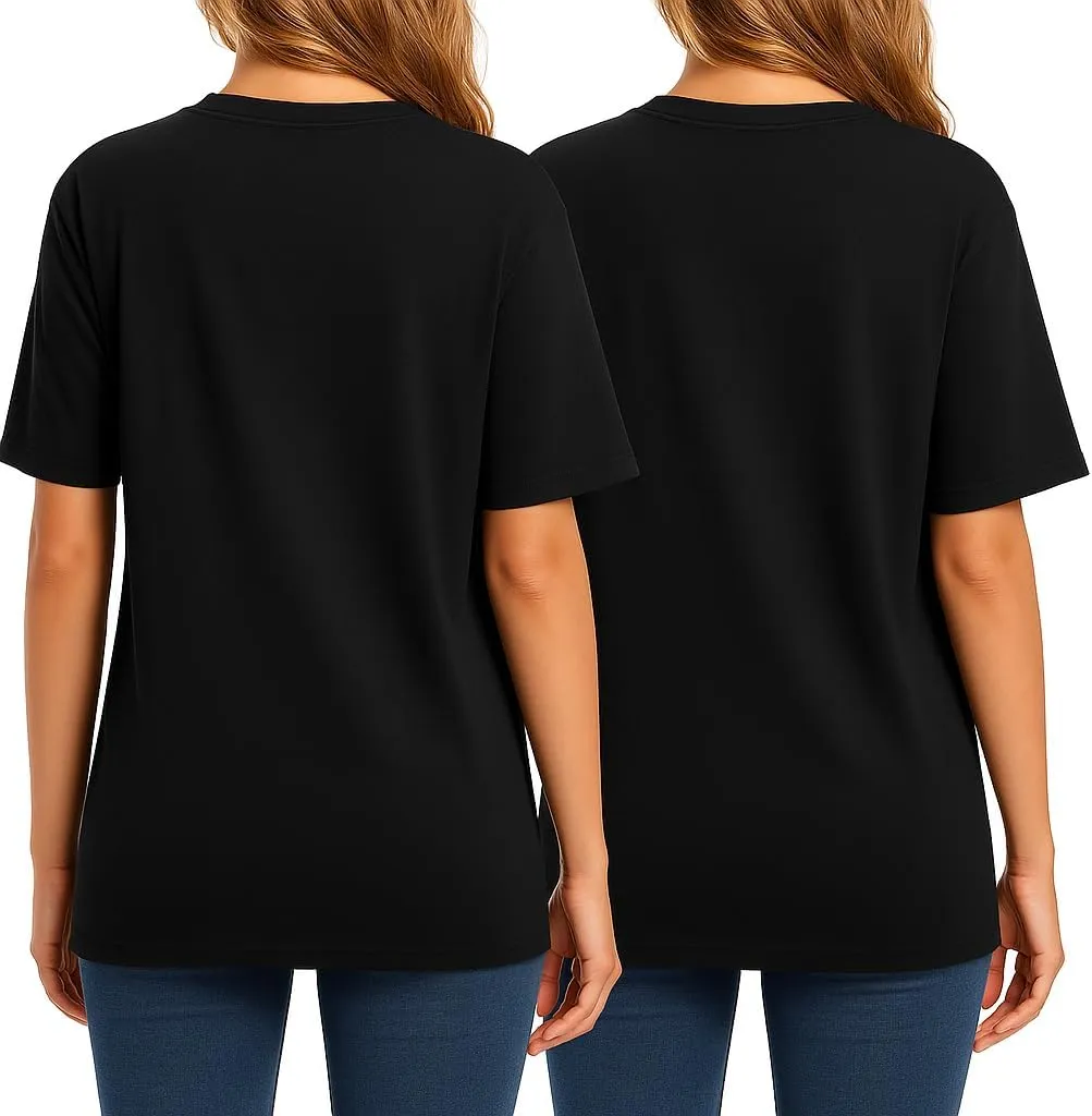 Combed Cotton Summer Tops for Women  Short Sleeve Crewneck T-Shirts, Compact Knit Loose Fit Basic Tees 2 Pack Black White