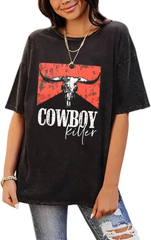 Cowboy Killer Shirt for Women Western Vintage Rodeo T-Shirt Retro Bull Skull Graphic Tee Summer Casual Short Sleeve Top