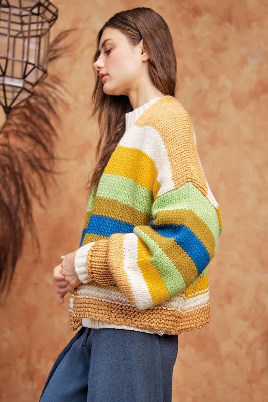 Davi & Dani Colorful Striped Open Women Cardigan Lantern Sleeve Soft Knitwear
