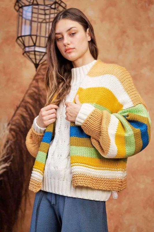 Davi & Dani Colorful Striped Open Women Cardigan Lantern Sleeve Soft Knitwear