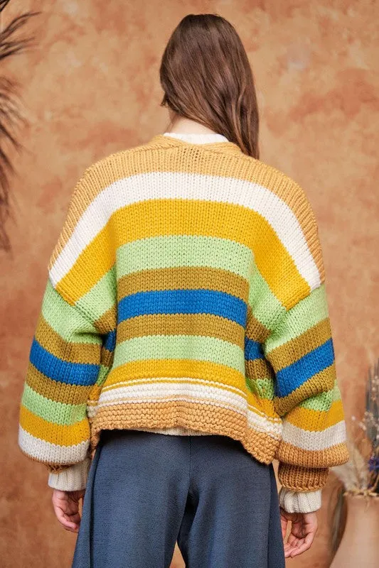 Davi & Dani Colorful Striped Open Women Cardigan Lantern Sleeve Soft Knitwear