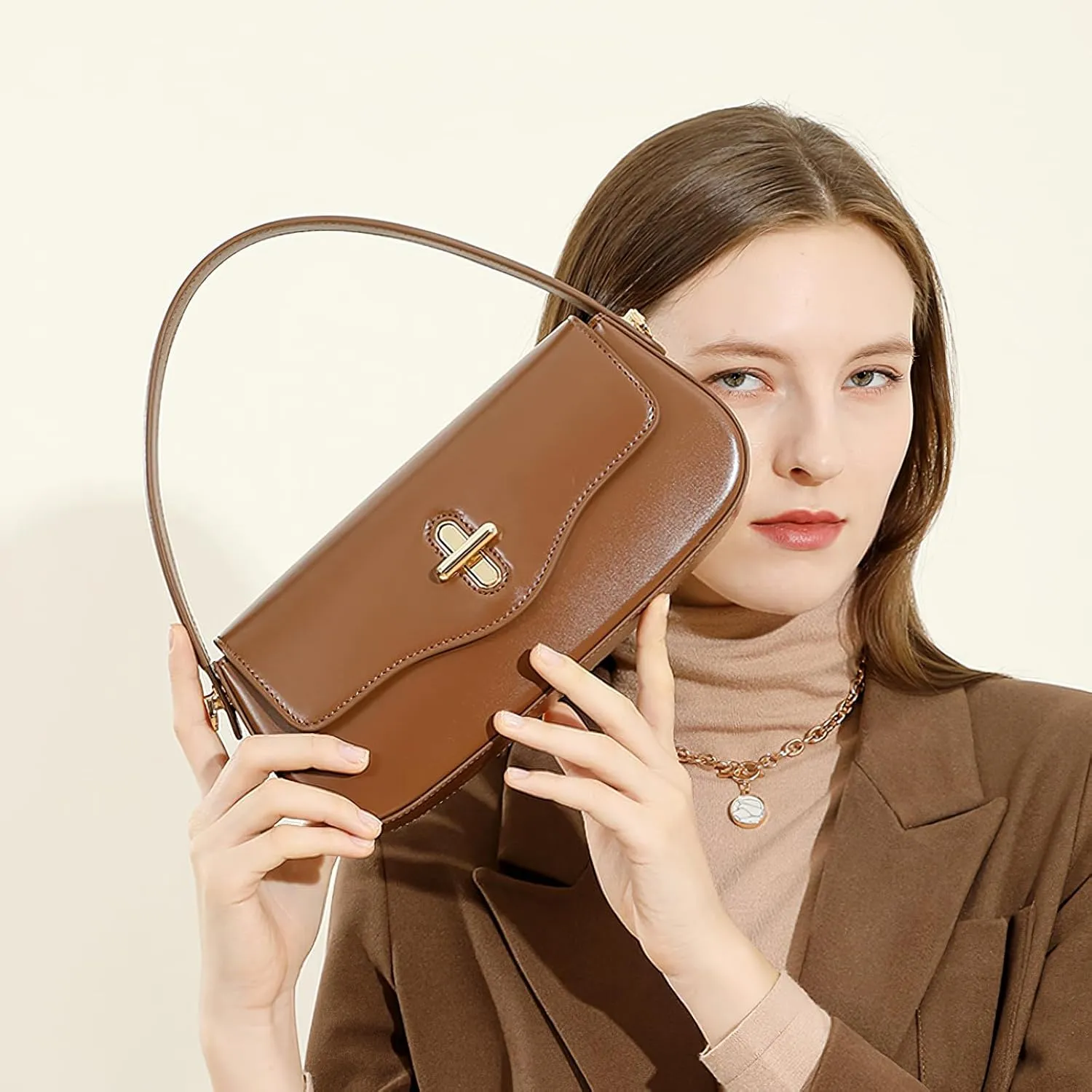Genuine Leather Handbag – Stylish Top Grain Cowhide Crossbody Bag, Vintage Lock Closure & Microfiber Lining