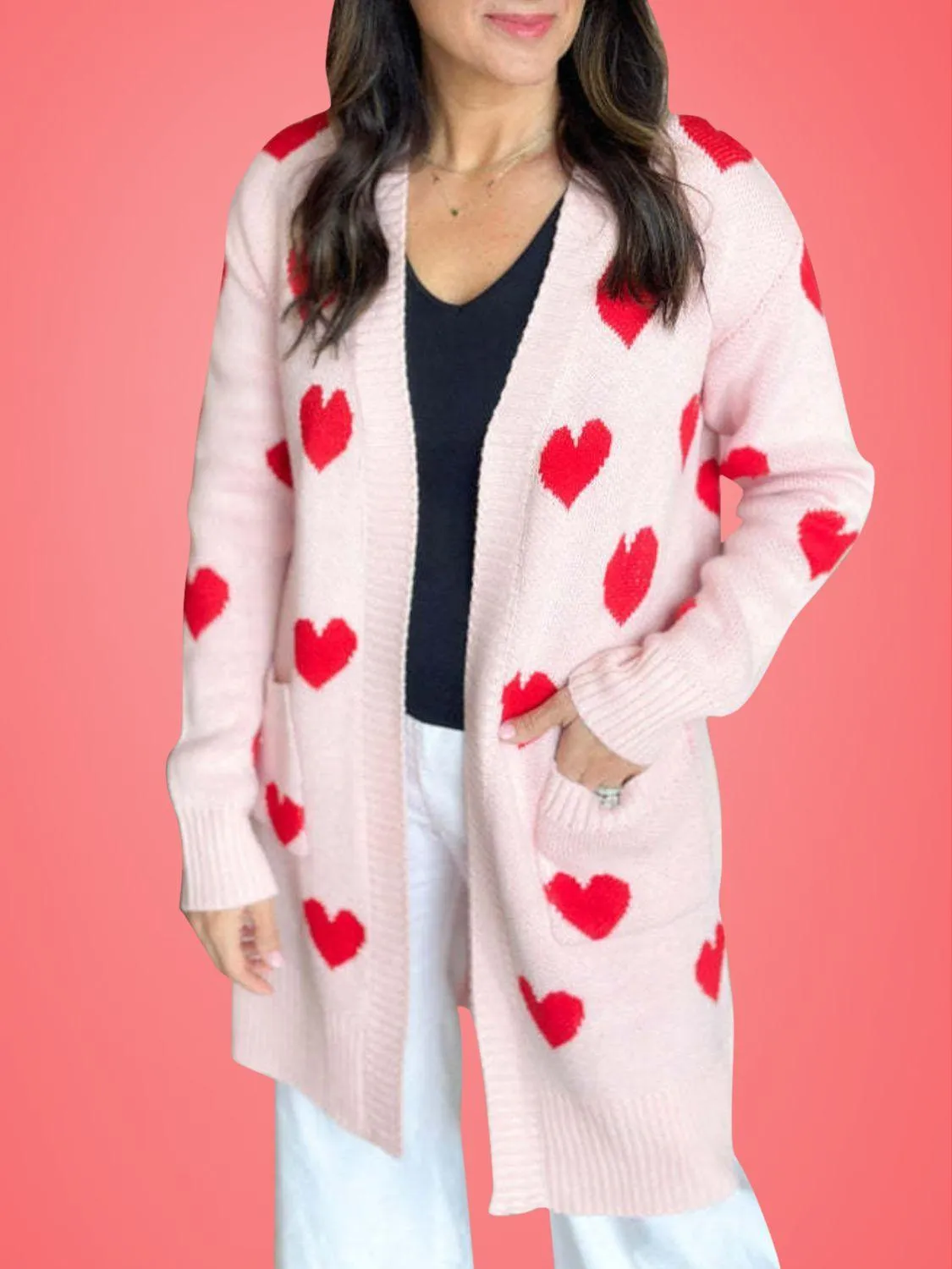 Heart Cardigan Open Front Long Sleeve Casual Knitwear