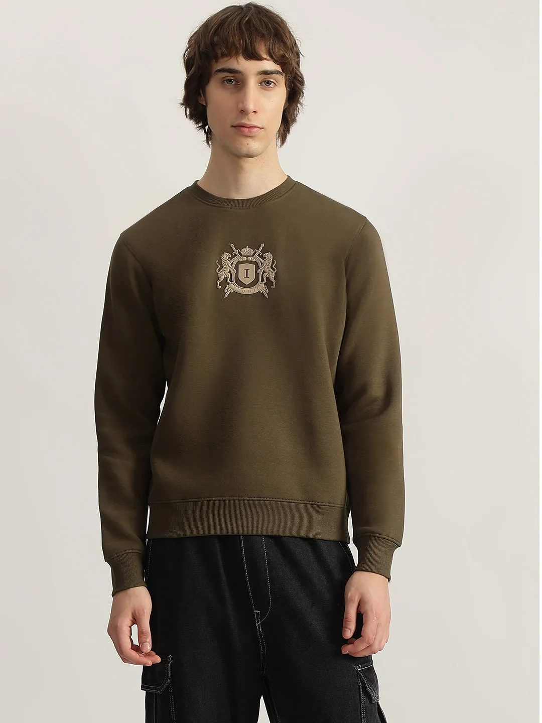 Iconic Men Olive Solid Round Neck Full Sleeves Pullover Style Sweatshirt