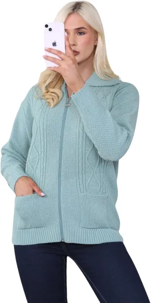 Ladies Long Sleeve Zipper Collared Knitted Cable Womens Jumper Knitted Sweater Pull Over Jumper Top Knit Warm