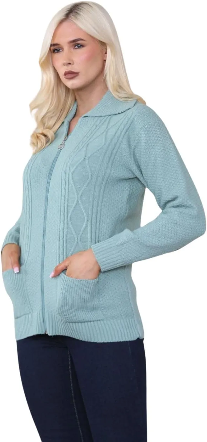 Ladies Long Sleeve Zipper Collared Knitted Cable Womens Jumper Knitted Sweater Pull Over Jumper Top Knit Warm