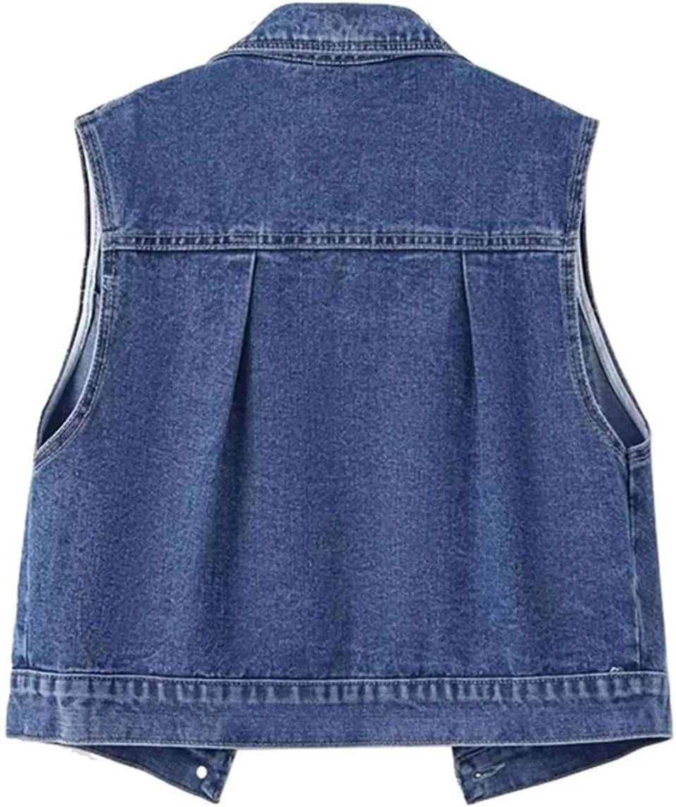 Lancifolium Jean Denim Vest Women Sleeveless Button Up Cropped Tops with Two Pockets