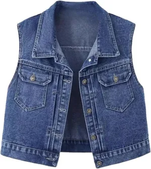 Lancifolium Jean Denim Vest Women Sleeveless Button Up Cropped Tops with Two Pockets