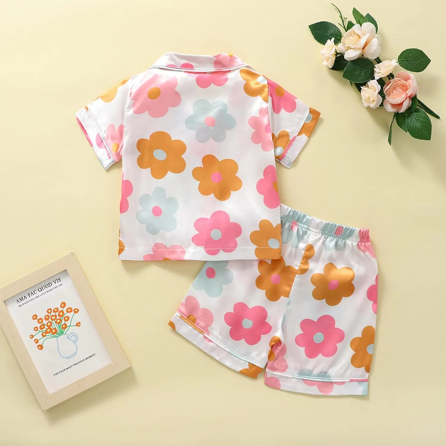 MAINESAKA Baby Girl Short Sleeve Button Down Tops And Shorts Snug Fit Pajamas Set 2 Piece Silk Satin Pjs Summer Sleepwear