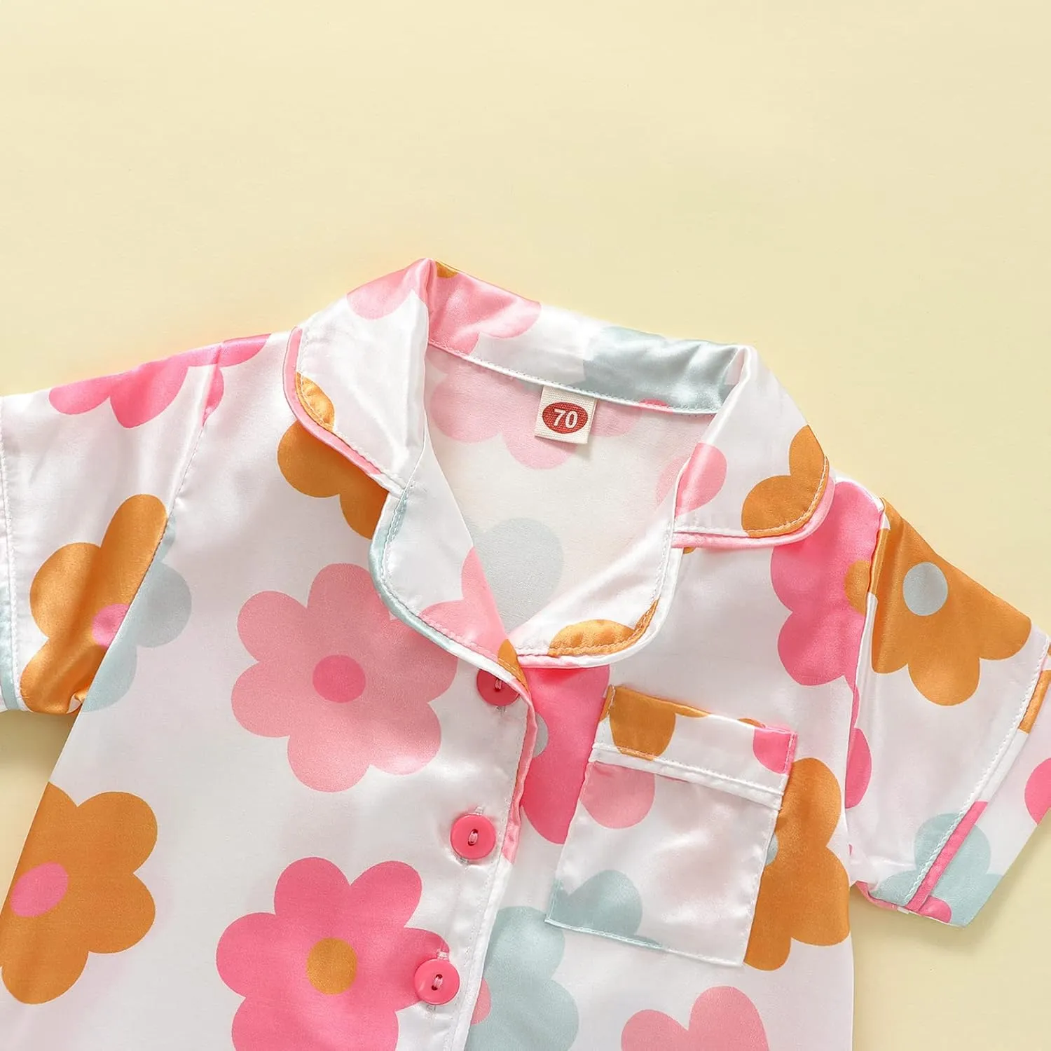MAINESAKA Baby Girl Short Sleeve Button Down Tops And Shorts Snug Fit Pajamas Set 2 Piece Silk Satin Pjs Summer Sleepwear