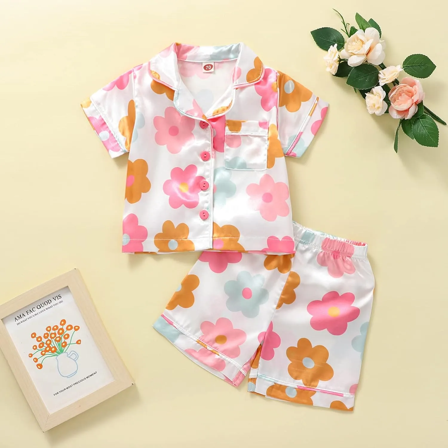 MAINESAKA Baby Girl Short Sleeve Button Down Tops And Shorts Snug Fit Pajamas Set 2 Piece Silk Satin Pjs Summer Sleepwear