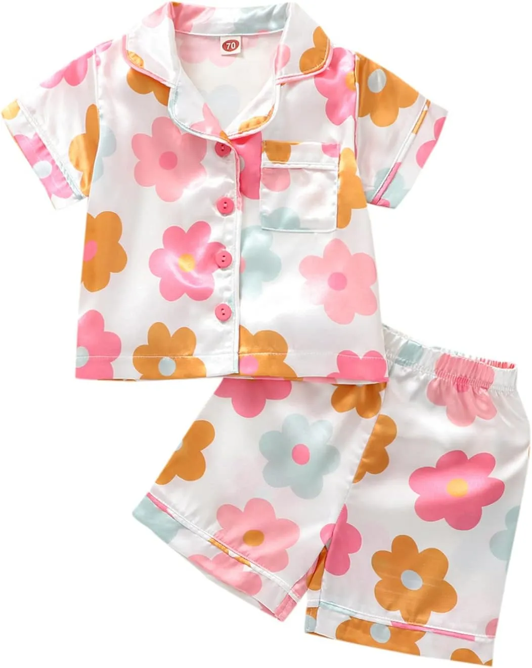 MAINESAKA Baby Girl Short Sleeve Button Down Tops And Shorts Snug Fit Pajamas Set 2 Piece Silk Satin Pjs Summer Sleepwear