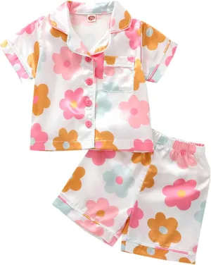 MAINESAKA Baby Girl Short Sleeve Button Down Tops And Shorts Snug Fit Pajamas Set 2 Piece Silk Satin Pjs Summer Sleepwear