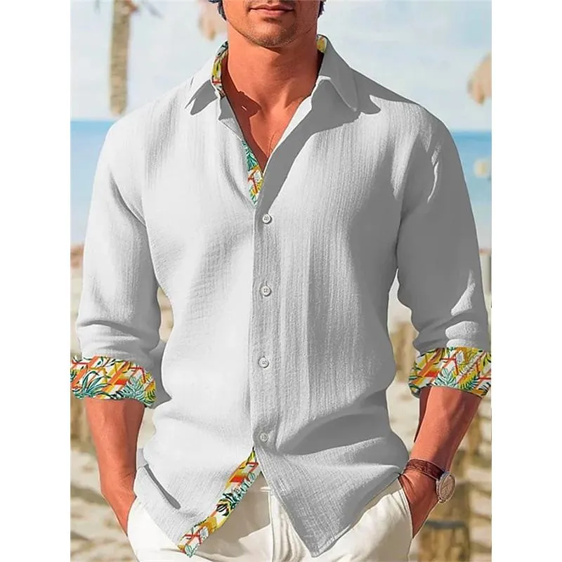 Men's Linen Solid Color Lace Long Sleeve Shirt 21014893YM