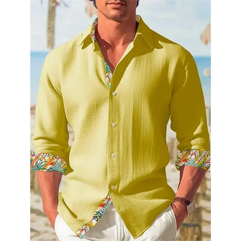 Men's Linen Solid Color Lace Long Sleeve Shirt 21014893YM