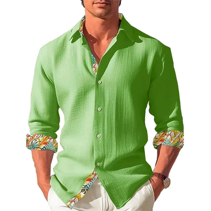 Men's Linen Solid Color Lace Long Sleeve Shirt 21014893YM