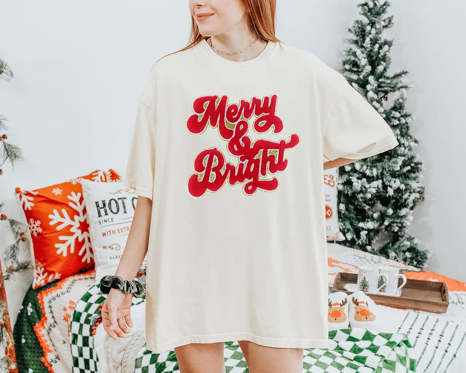 Merry & Bright Chenille Glitter Cropped Fleece Hoodie, Soft & Cozy Fabric, Trendy Fit, Stylish Pullover