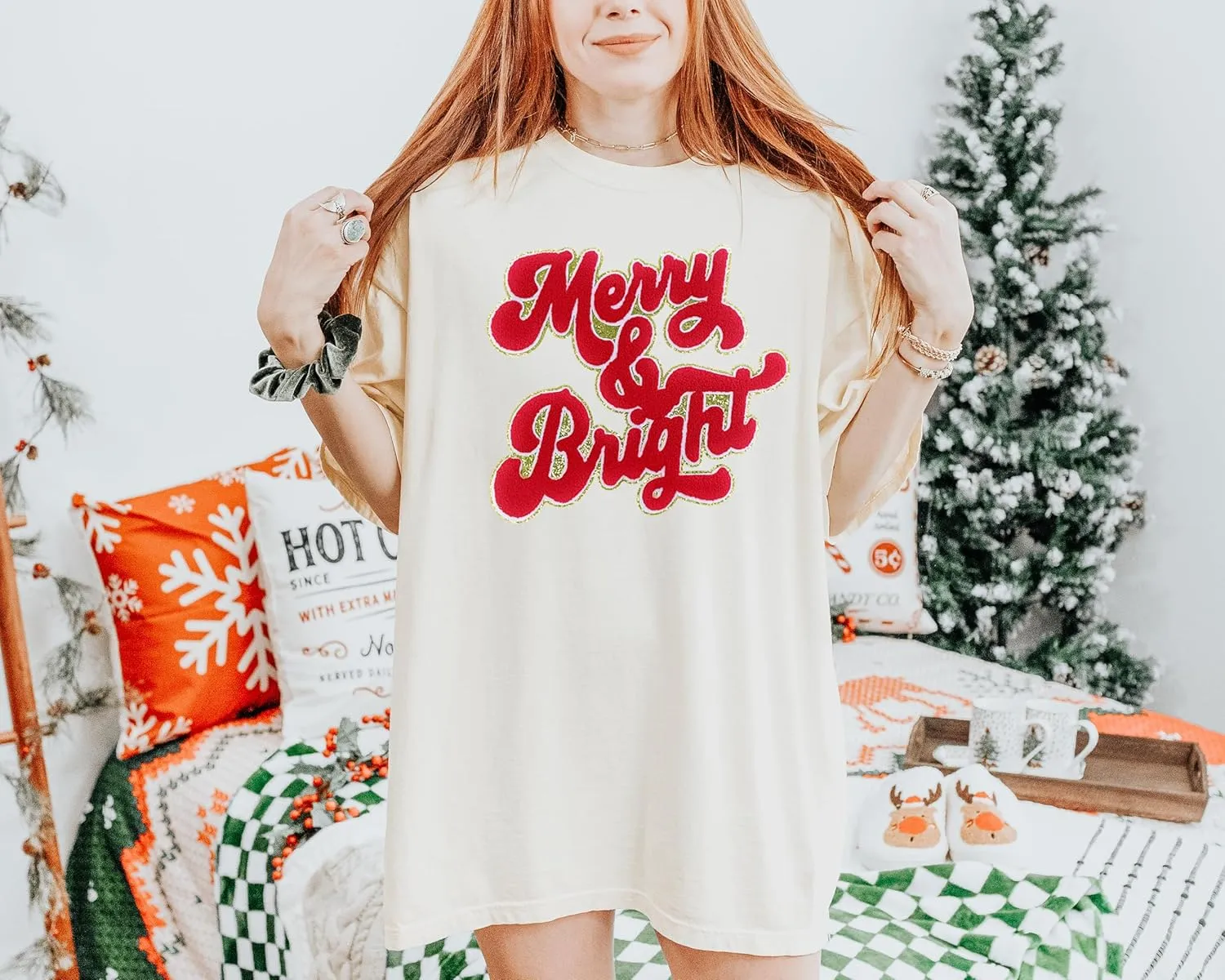 Merry & Bright Chenille Glitter Cropped Fleece Hoodie, Soft & Cozy Fabric, Trendy Fit, Stylish Pullover