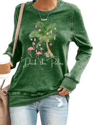 Merry Christmas Flamingo Sweatshirt Women Christmas Lights Graphic Pullovers Top Holiday Lightweight Shirts