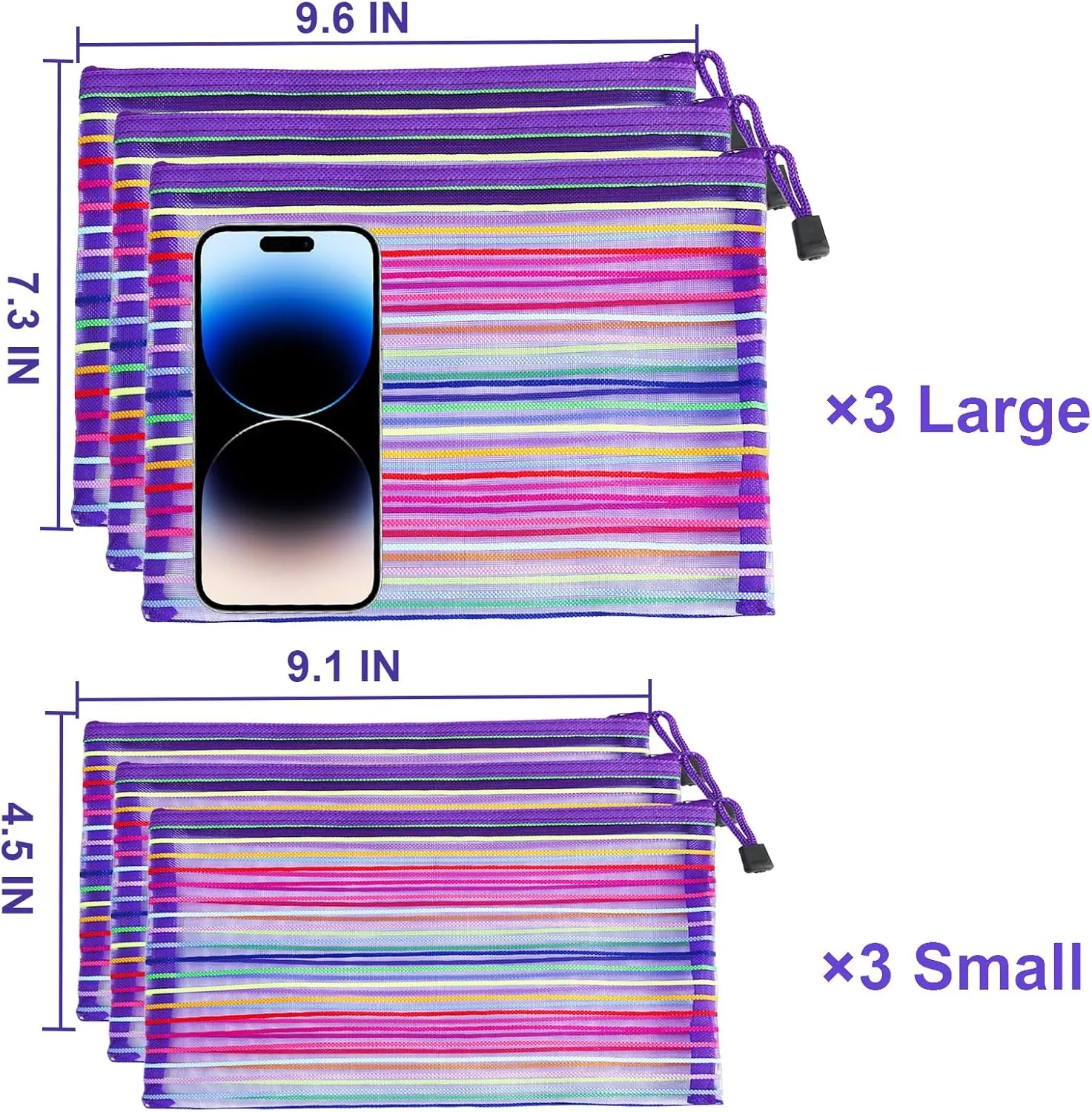Mesh Bags with Zipper (6 Pack), Nylon Makeup Bag Cosmetic Pouches Travel Organizer Case for Purse Diaper Bag Home Organizing Striped Multi Size Purple