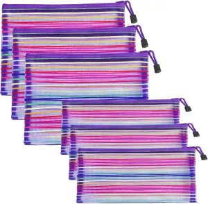 Mesh Bags with Zipper (6 Pack), Nylon Makeup Bag Cosmetic Pouches Travel Organizer Case for Purse Diaper Bag Home Organizing Striped Multi Size Purple