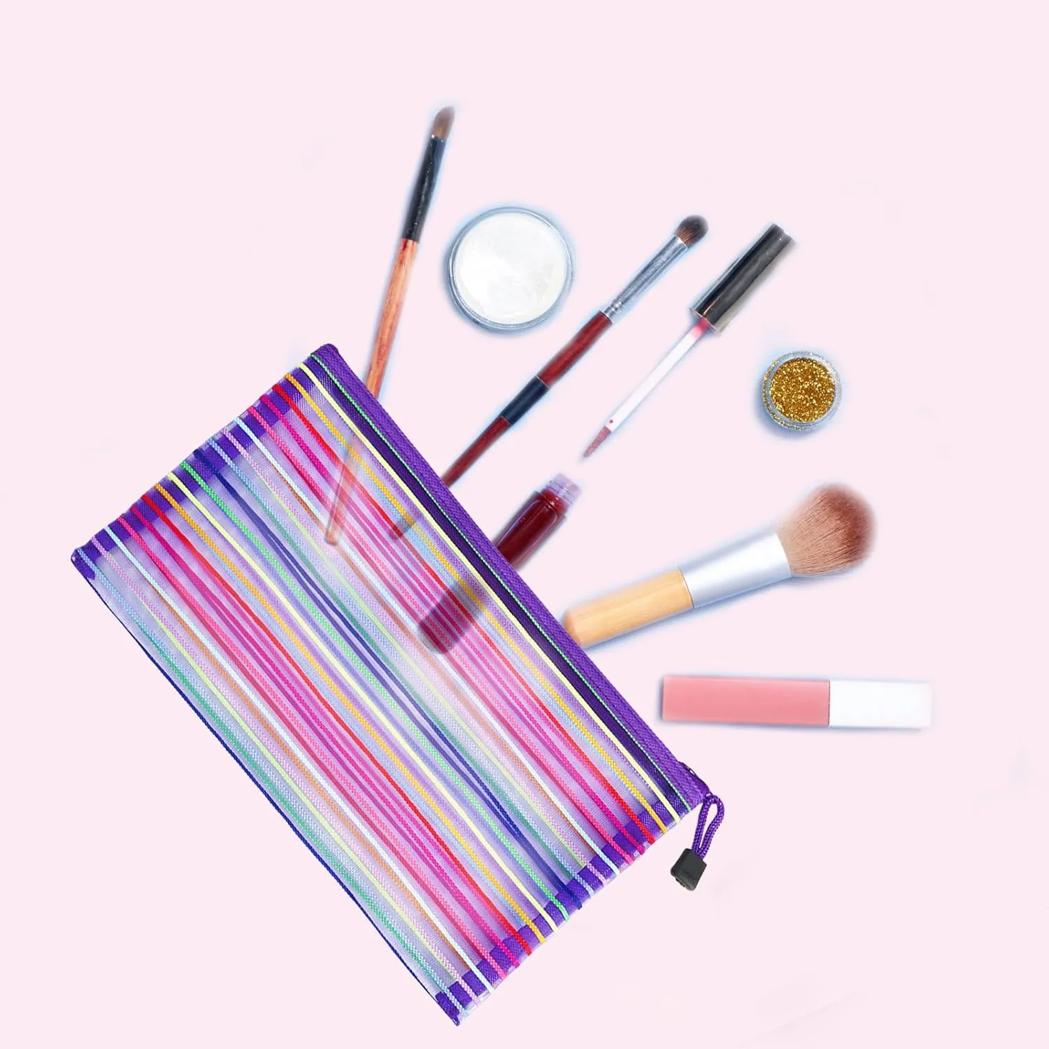 Mesh Bags with Zipper (6 Pack), Nylon Makeup Bag Cosmetic Pouches Travel Organizer Case for Purse Diaper Bag Home Organizing Striped Multi Size Purple