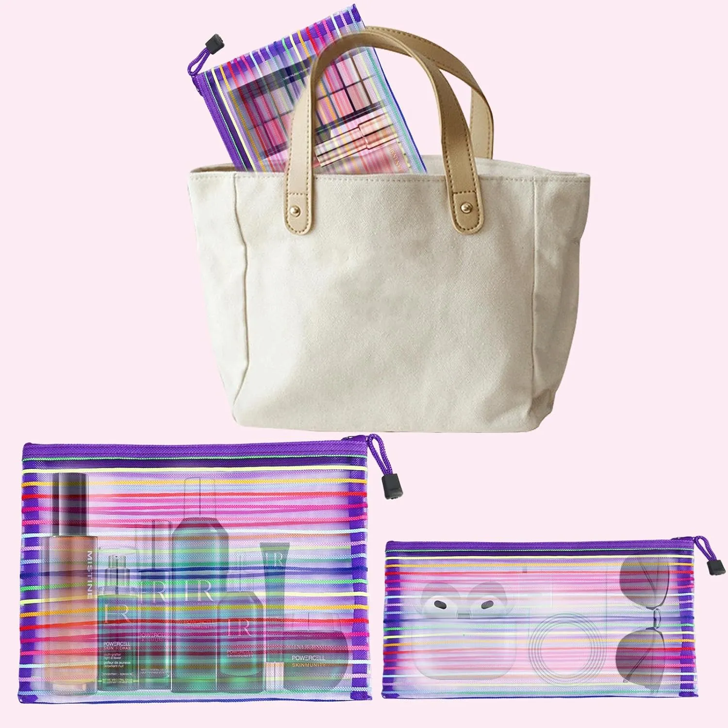 Mesh Bags with Zipper (6 Pack), Nylon Makeup Bag Cosmetic Pouches Travel Organizer Case for Purse Diaper Bag Home Organizing Striped Multi Size Purple