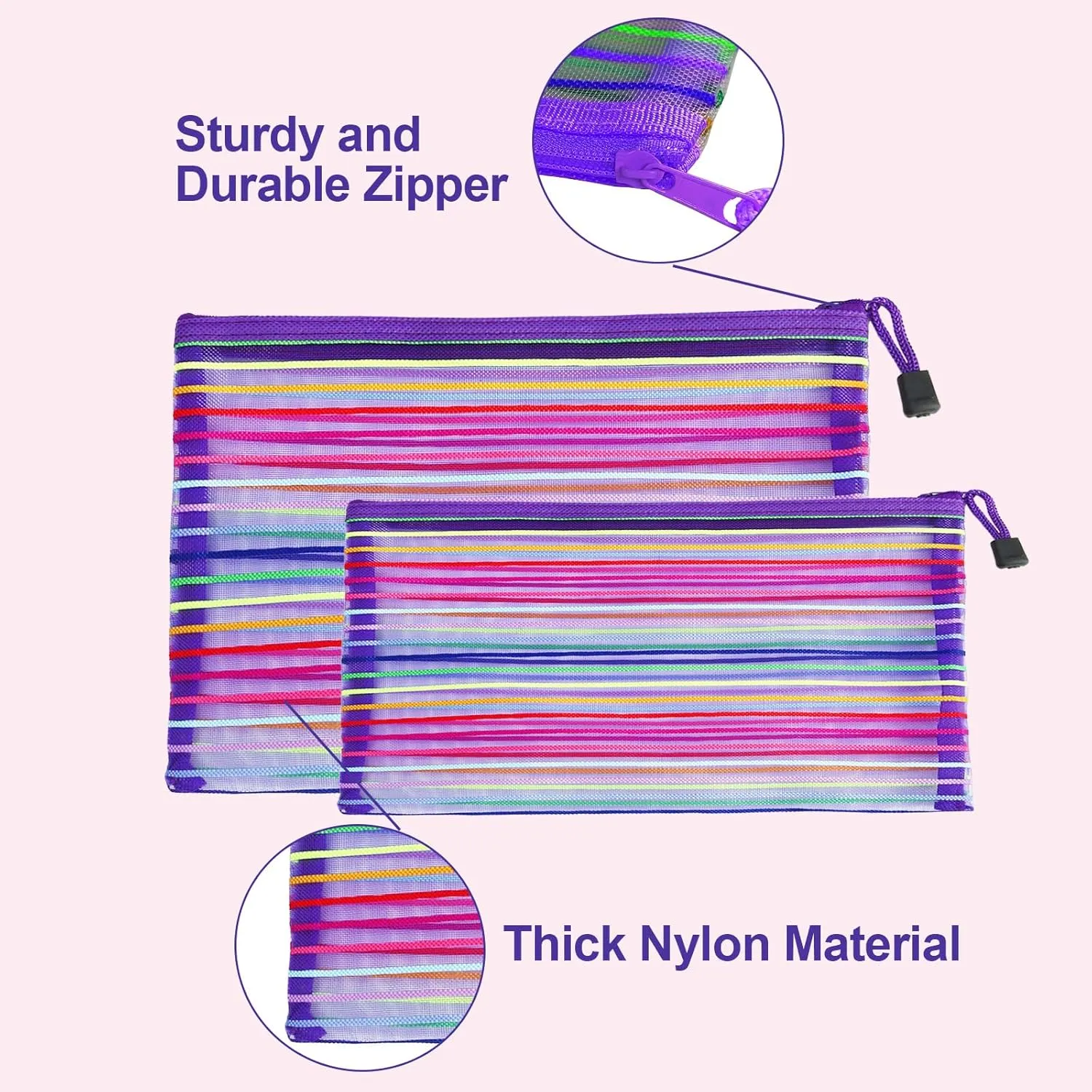 Mesh Bags with Zipper (6 Pack), Nylon Makeup Bag Cosmetic Pouches Travel Organizer Case for Purse Diaper Bag Home Organizing Striped Multi Size Purple