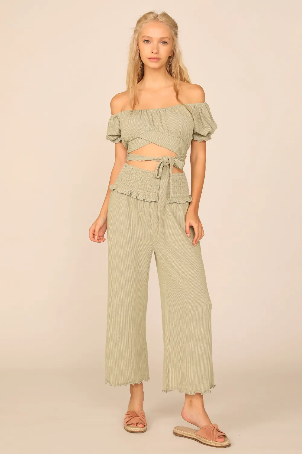 Soft Olive Rib Knit Wrap Crop Top