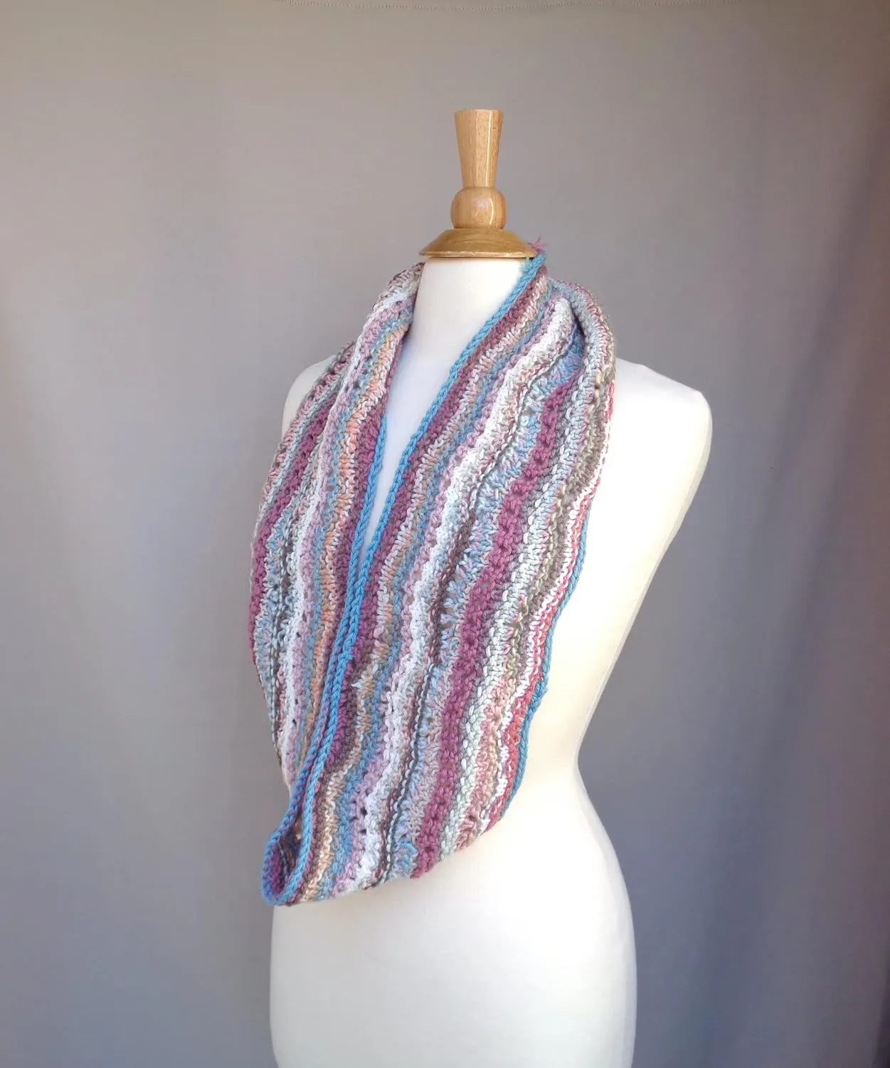 Striped Infinity Scarf, Crazy Art, Hand Knit, Long Wrap Loop Cowl, Designer Fashion, Soft Pink Brown