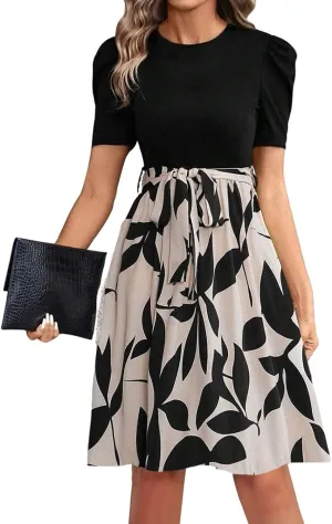 Summer Dresses for Women 2025 Floral Print Wrap Short Sleeve Midi Dress Patchwork Ruffle Hem A Line Dress