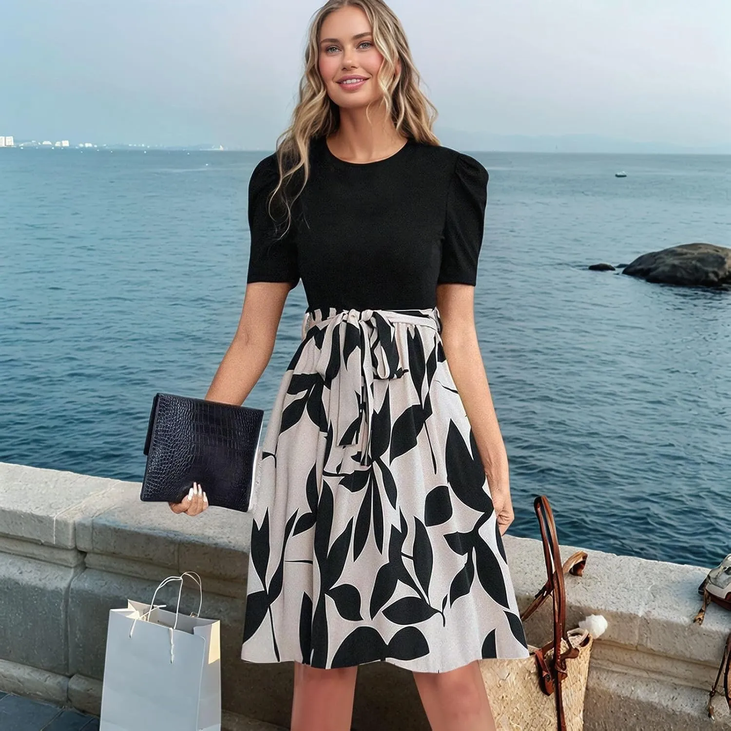 Summer Dresses for Women 2025 Floral Print Wrap Short Sleeve Midi Dress Patchwork Ruffle Hem A Line Dress