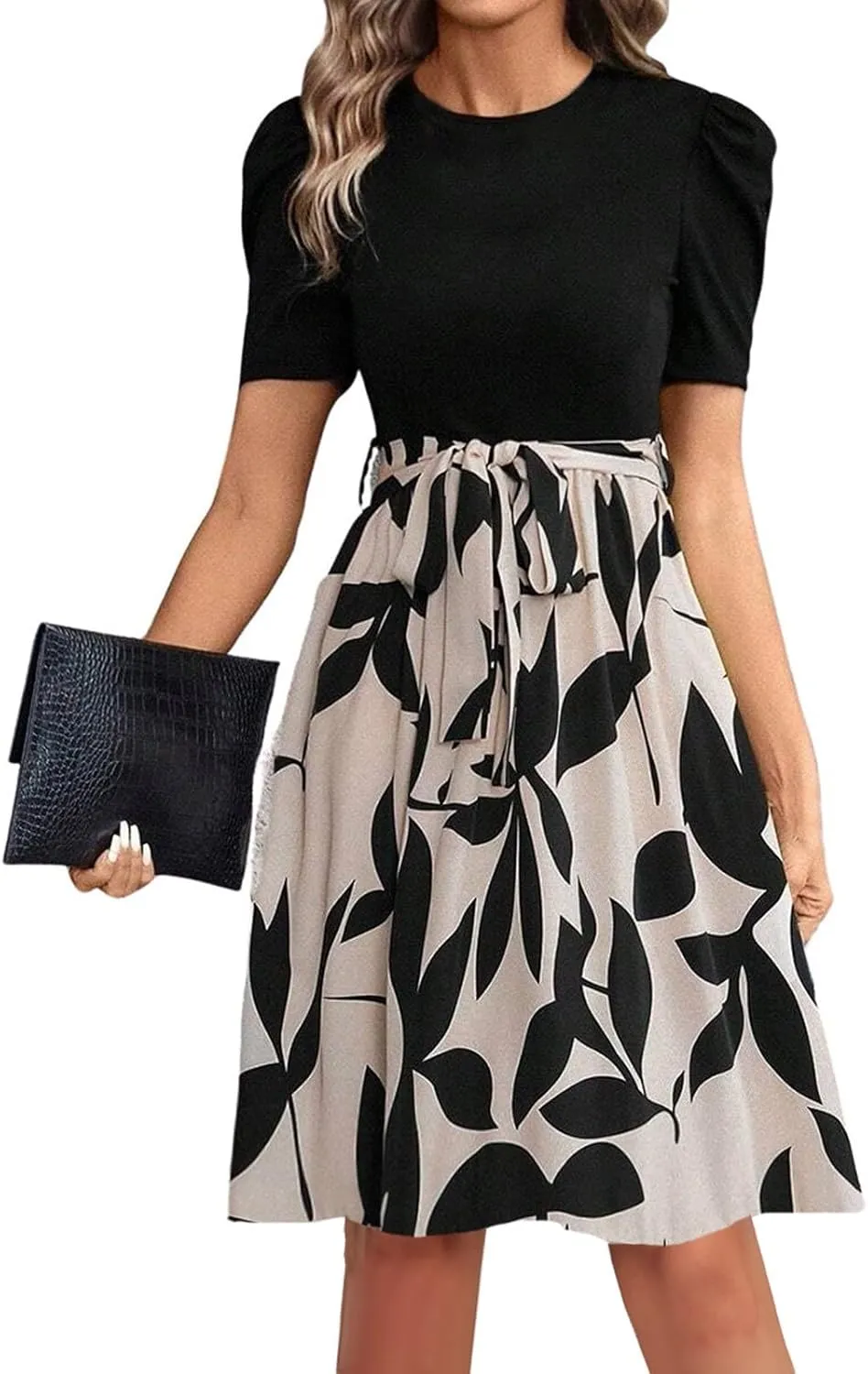 Summer Dresses for Women 2025 Floral Print Wrap Short Sleeve Midi Dress Patchwork Ruffle Hem A Line Dress