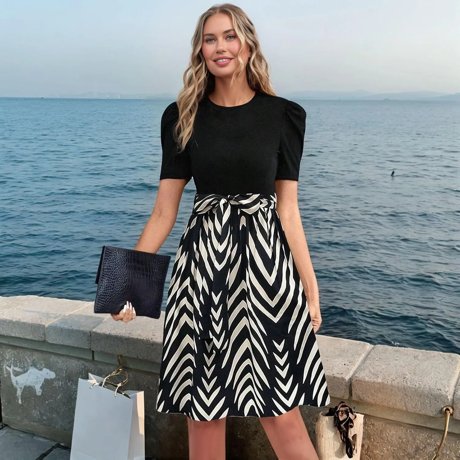 Summer Dresses for Women 2025 Floral Print Wrap Short Sleeve Midi Dress Patchwork Ruffle Hem A Line Dress