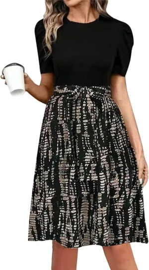 Summer Dresses for Women 2025 Floral Print Wrap Short Sleeve Midi Dress Patchwork Ruffle Hem A Line Dress