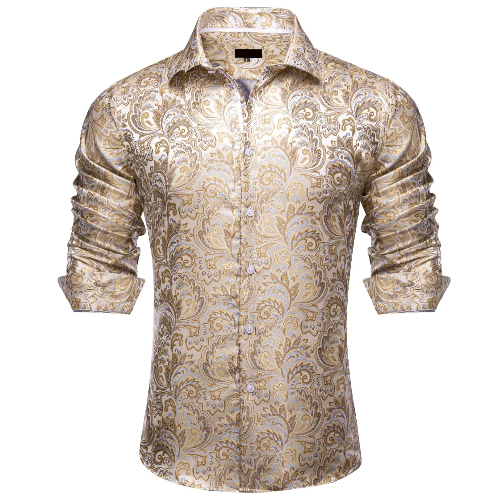 Ties2you Dress Shirt Beige Floral Silk Button Down Long Sleeve Shirt for Men