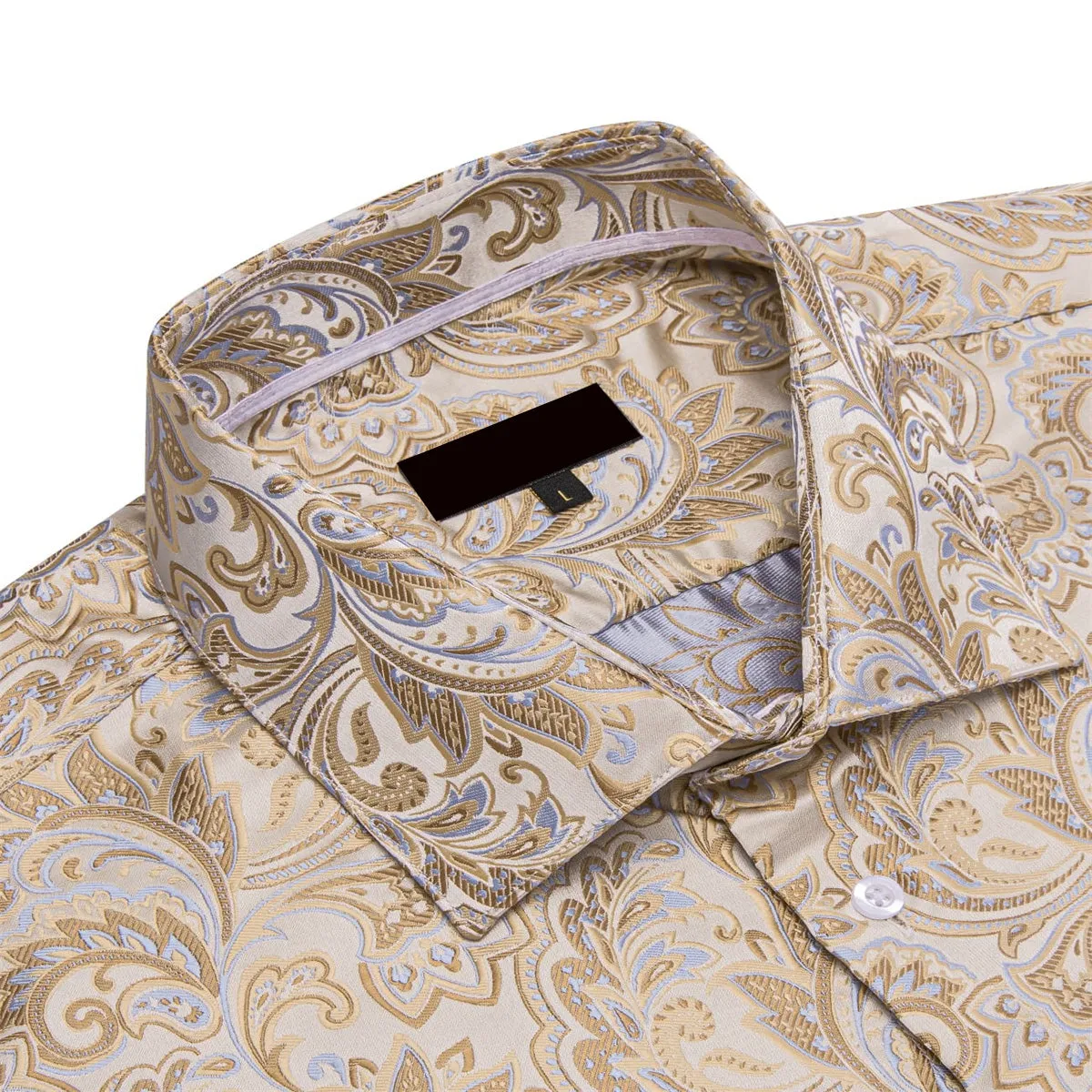 Ties2you Dress Shirt Beige Floral Silk Button Down Long Sleeve Shirt for Men