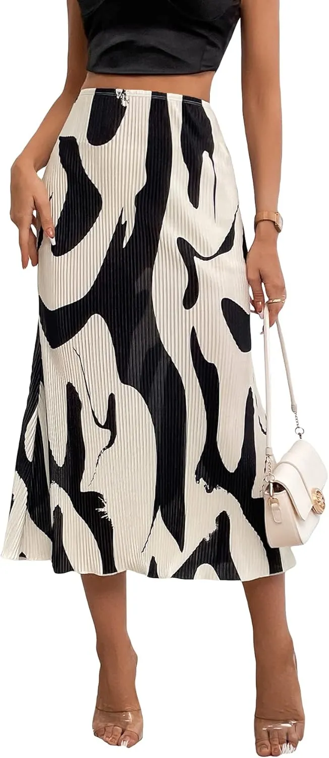 Verdusa Women's High Waist Graphic Print A Line Pleated Long Skirt