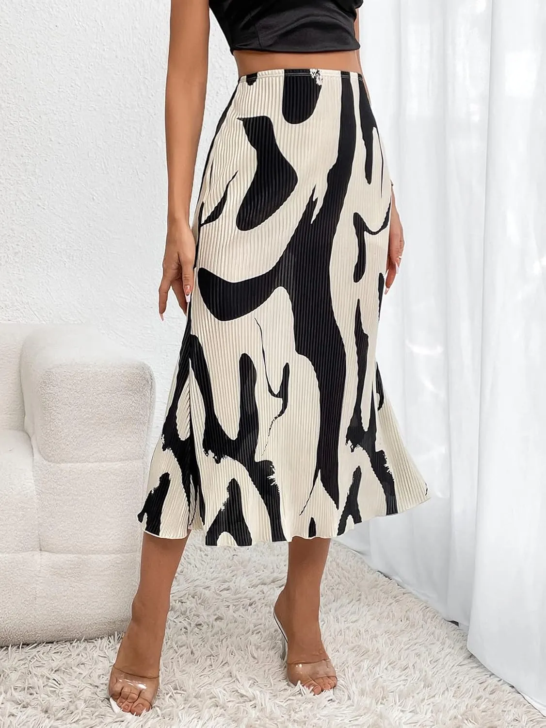 Verdusa Women's High Waist Graphic Print A Line Pleated Long Skirt